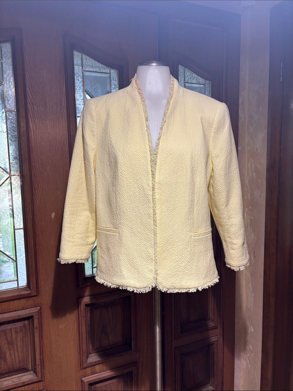 Ann Taylor Pale Yellow Fringe-Trim Textured Jacket